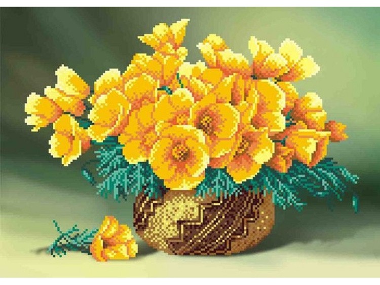 Рисунок на габардине «Желтые цветы в вазе»