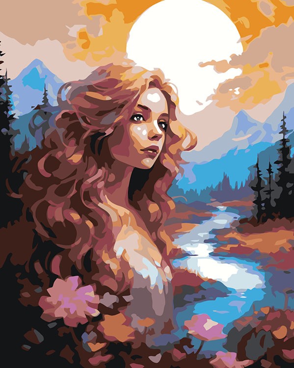 Картина по номерам «Природа: Девушка на фоне закатного солнца и горного леса»