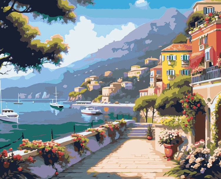 Картина по номерам «Природа: Пейзаж с набережной в городе возле моря»