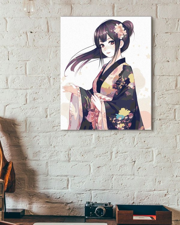 Картина по номерам «Девушка в традиционном кимоно с цветами в волосах аниме» — картинка 3