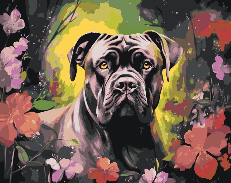 Картина по номерам «Собака Кане корсо в цветах»