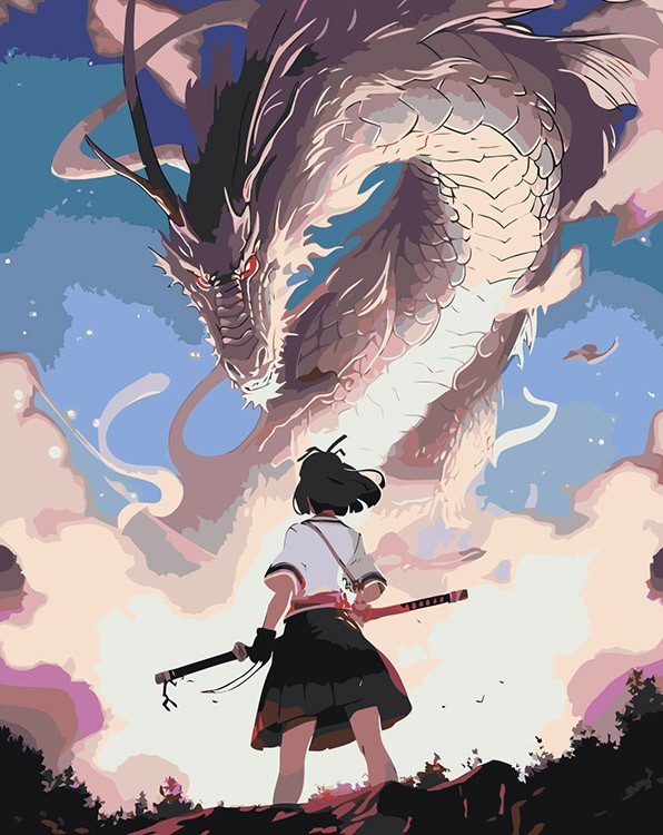Картина по номерам «Аниме: Девушка с катаной и огромный белый дракон»
