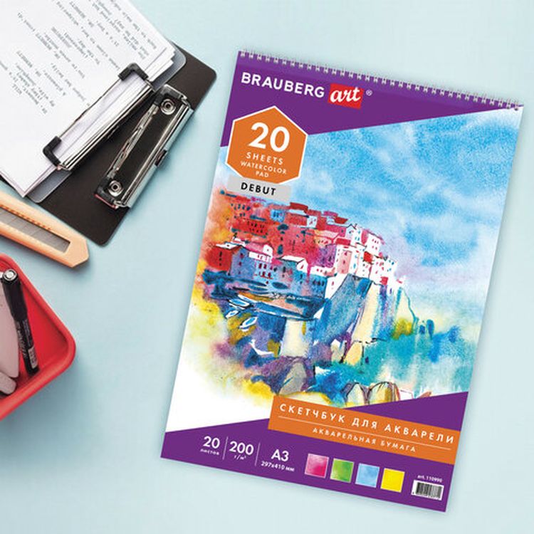 Скетчбук, акварельная белая бумага 200г/м ГОЗНАК, 297х410 мм, 20 л., гребень, BRAUBERG ART DEBUT — картинка 6