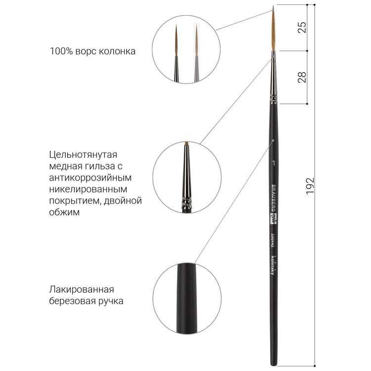 Кисть художественная профессиональная Art Classic, колонок, лайнер, № 1, короткая ручка, Brauberg — картинка 3