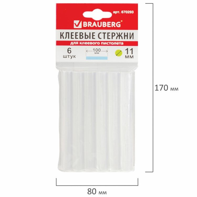 Клеевые стержни, диаметр 11 мм, длина 100 мм, прозрачные, комплект 6 шт., Brauberg — картинка 3