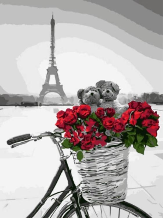 Картина по номерам «Красные цветы в корзинке на фоне Эйфелевой башни»