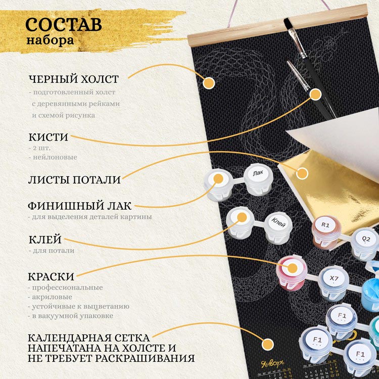 Картина по номерам с поталью Черный холст «Календарь Золотая симфония» — картинка 3