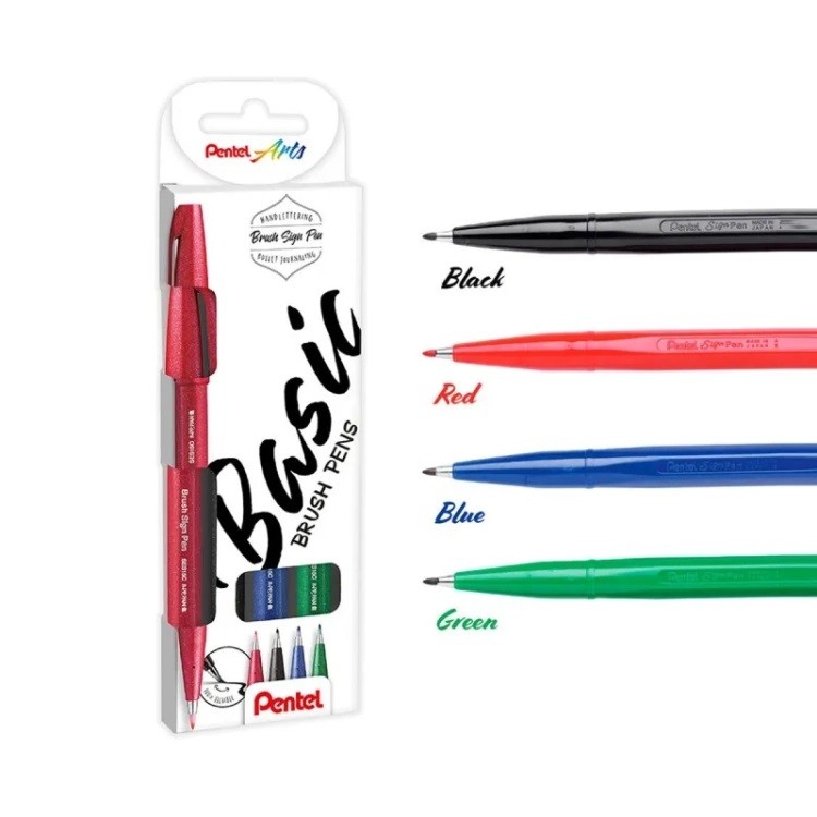 Набор Brush Pen в картоне, 4 цвета от 0.2 мм, кисть, Pentel — картинка 2