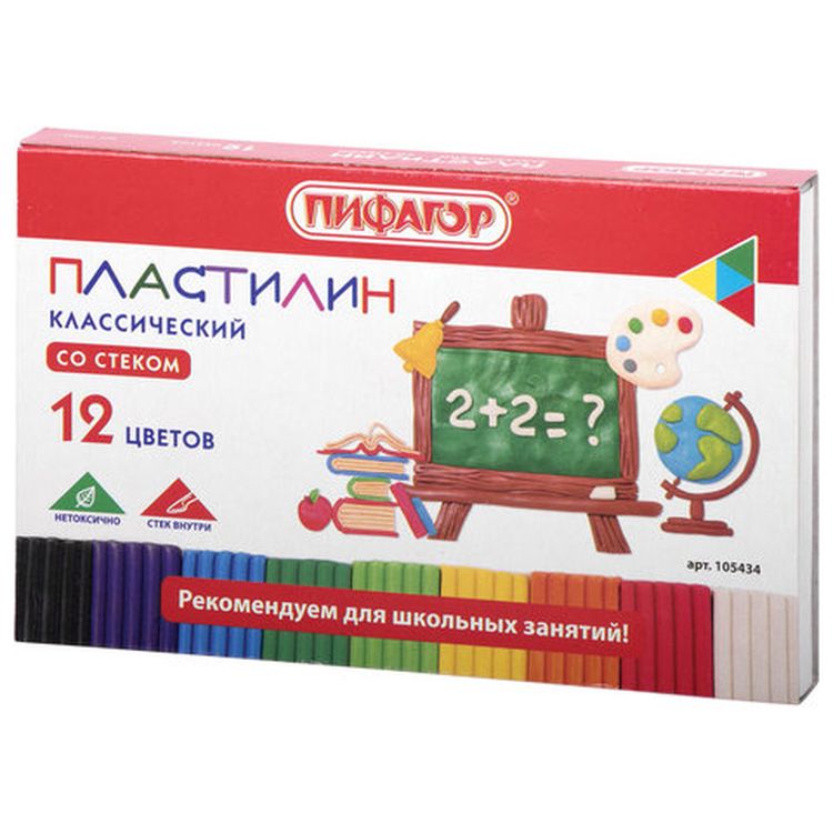 Пластилин классический ПИФАГОР «Школьный», 12 цветов, 180 г, со стеком