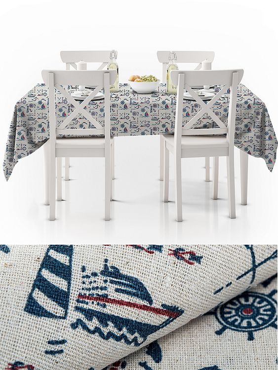 Ткань Лен, 140 г/м², 5 м x 150 см, цвет: белый, синий, морской принт, TBY — картинка 7