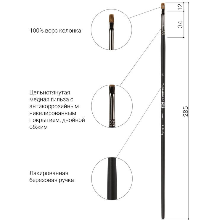 Кисть художественная профессиональная Art Classic, колонок, плоская, № 4, длинная ручка, Brauberg — картинка 4