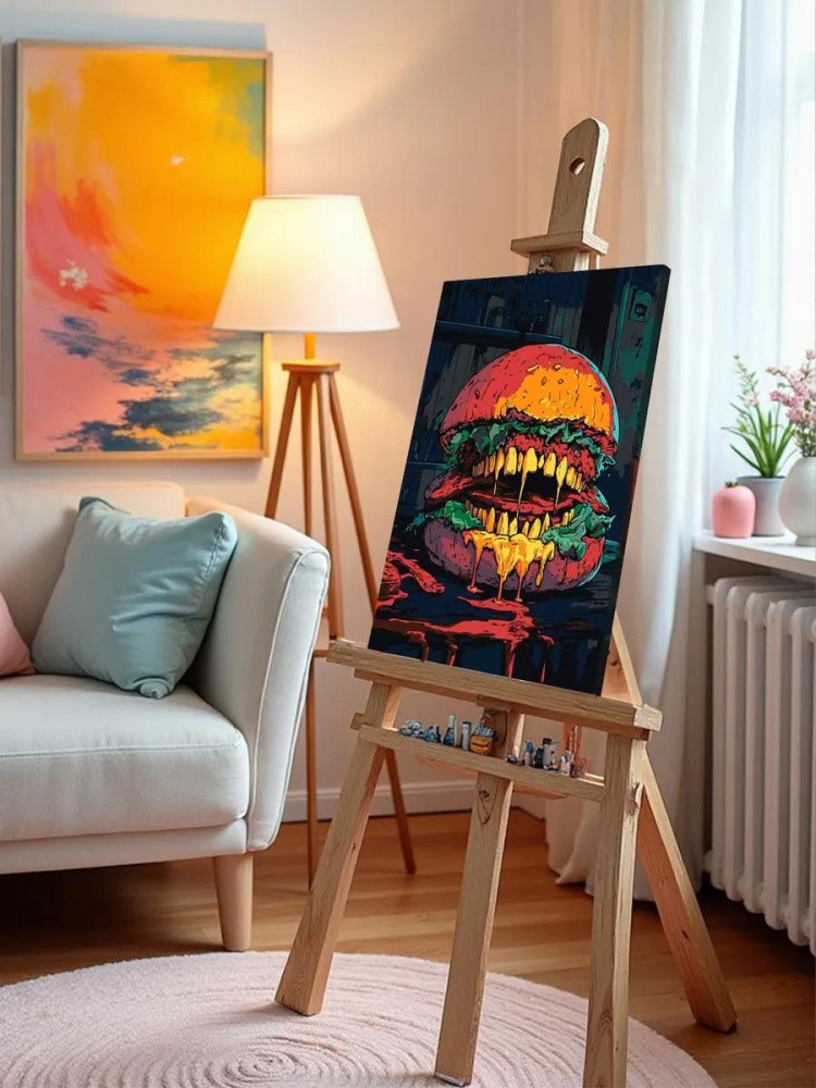 Картина по номерам «Ужасы: бургер-монстр с зубами арт» — картинка 10