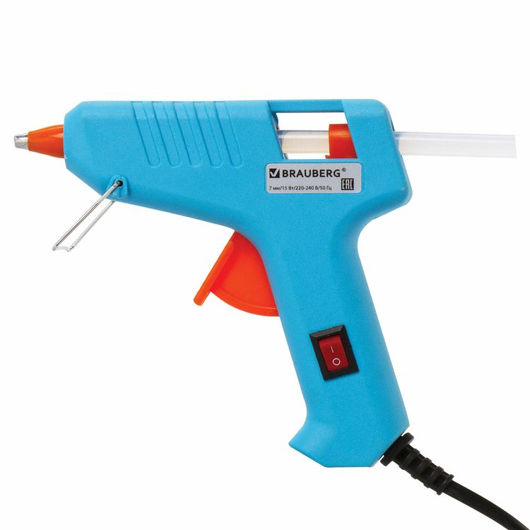 Клеевой пистолет 15 Вт для стержня 7 мм, комплект 20 стержней (10 белых + 10 прозрачных), Brauberg — картинка 2