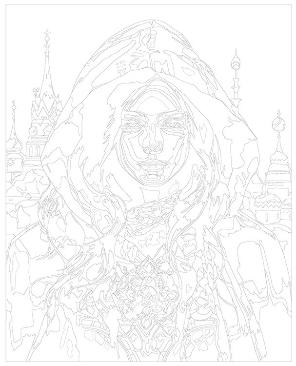 Картина по номерам «Девушка в капюшоне на фоне храма» — картинка 3