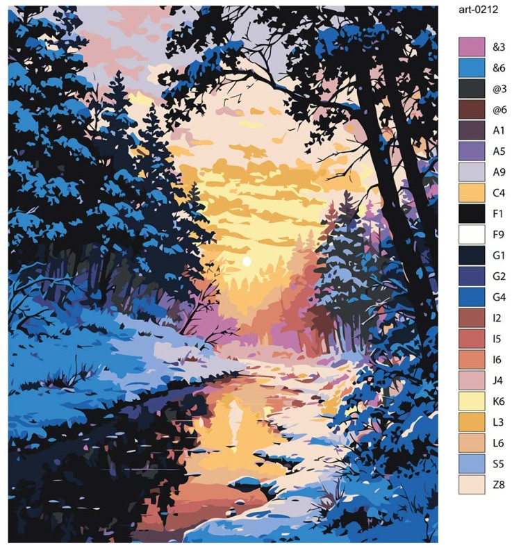 Картина по номерам «Зима: ручей в хвойном лесу, закат» — картинка 2