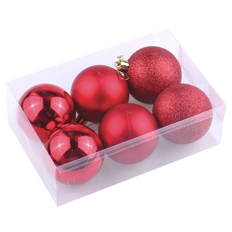 Шары елочные, набор 6 шт., пластик, 6 см, красные (глянец, матовый, глиттер) — картинка 3