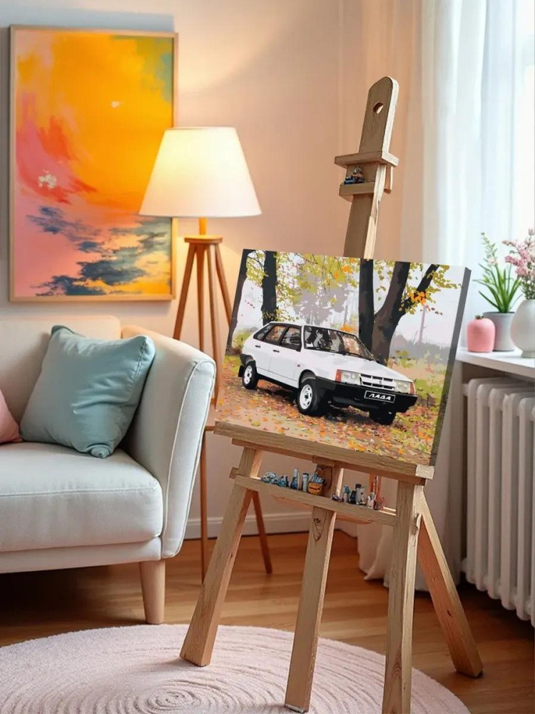 Картина по номерам «ВАЗ-2109: белая Лада девятка в осеннем лесу» — картинка 9