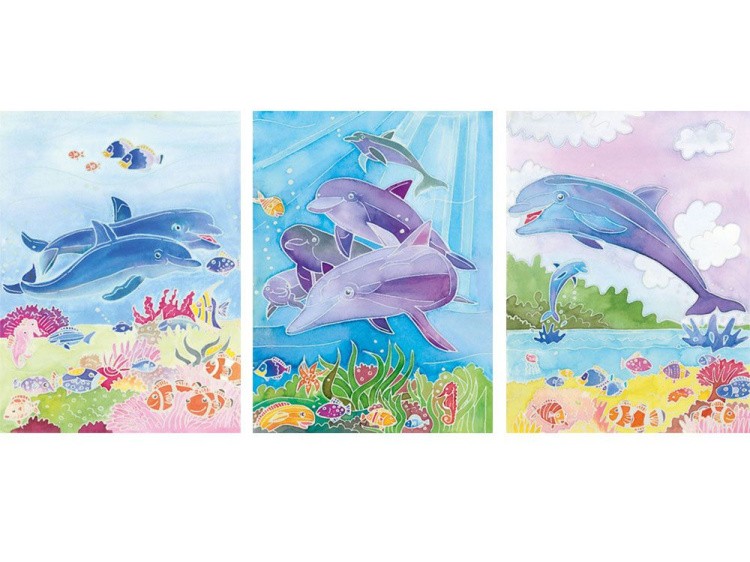 Картина акварелью по контурам «Дельфины»