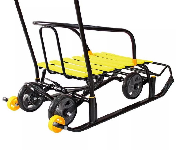 Санки детские Snow Black Auto желтые рейки с колесами — картинка 15