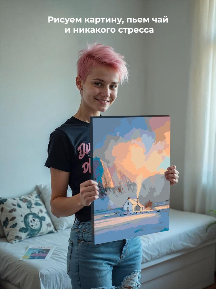 Картина по номерам Дом в горах зимой на восходе — картинка 7