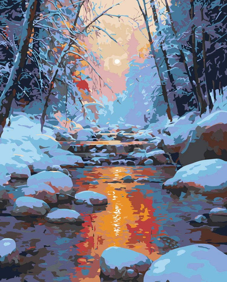 Картина по номерам Пейзаж с ручьем на закате в зимнем лесу