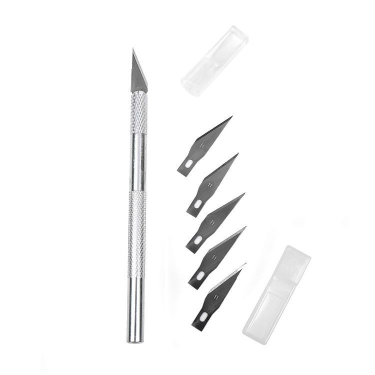 Макетный нож цанговый Maxwell, алюминий + 5 лезвий, цвет: серебро — картинка 2