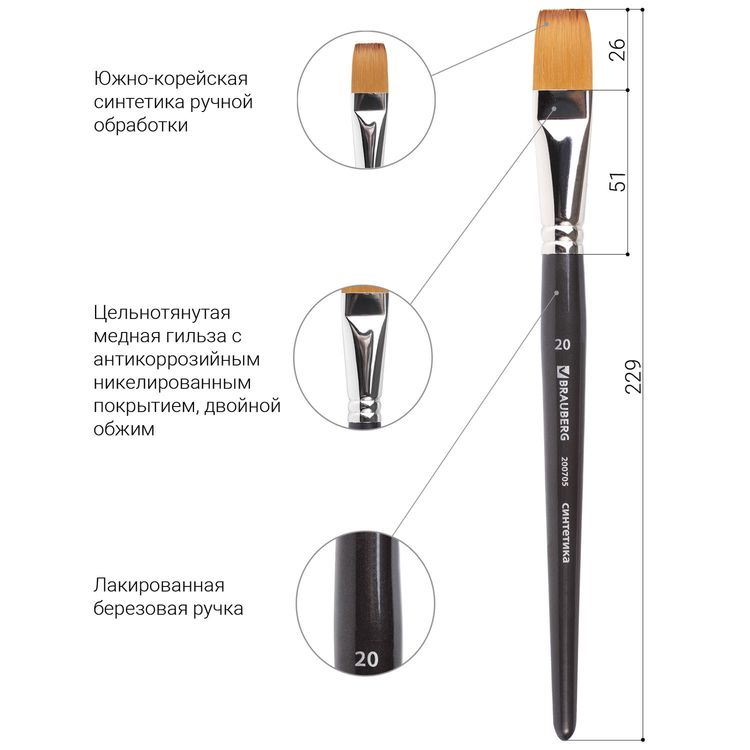 Кисть художественная профессиональная Art Classic, синтетика мягкая под колонок, плоская, № 20, короткая ручка, Brauberg — картинка 4