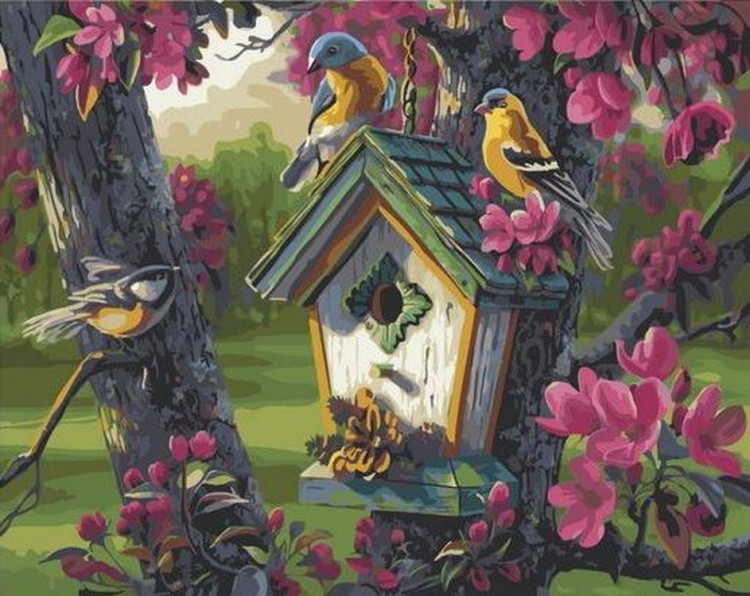 Картина по номерам «Птички на скворечнике»