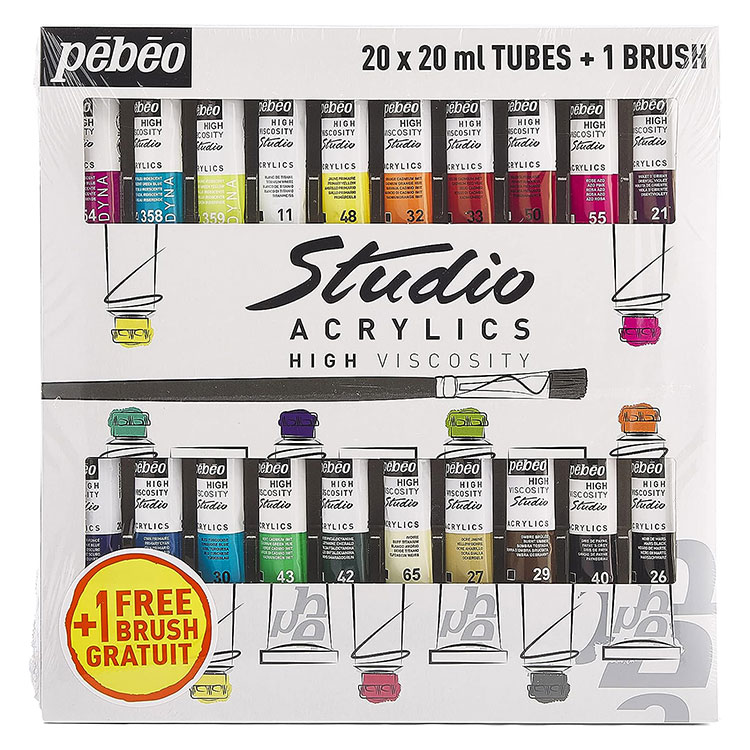 Краски Pebeo акриловые 20 цветов набор Studio Acrylics с кистью 20 мл — картинка 2
