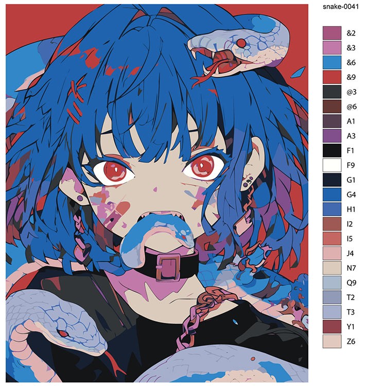 Картина по номерам «Синие змеи и девушка аниме, животные» — картинка 2