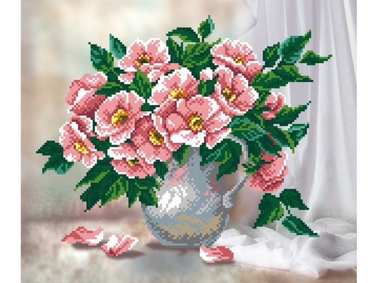Рисунок на габардине «Розовые цветы в вазе»
