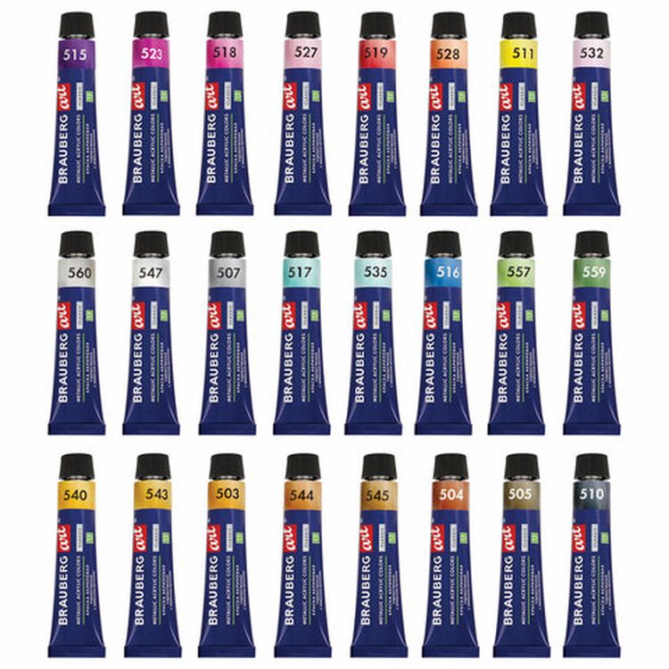 Краски акриловые художественные металлик BRAUBERG ART CLASSIC, набор 24 шт, в тубах 12 мл — картинка 3