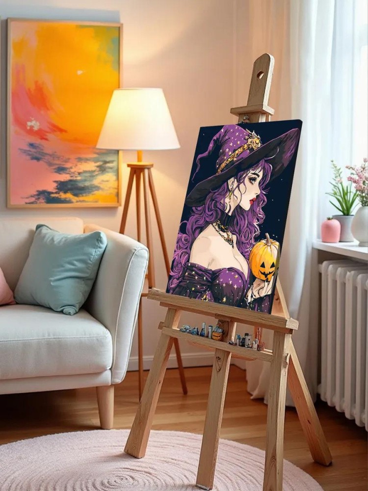 Картина по номерам «Ужасы: ведьма колдунья с тыквой, Хэллоуин» — картинка 10