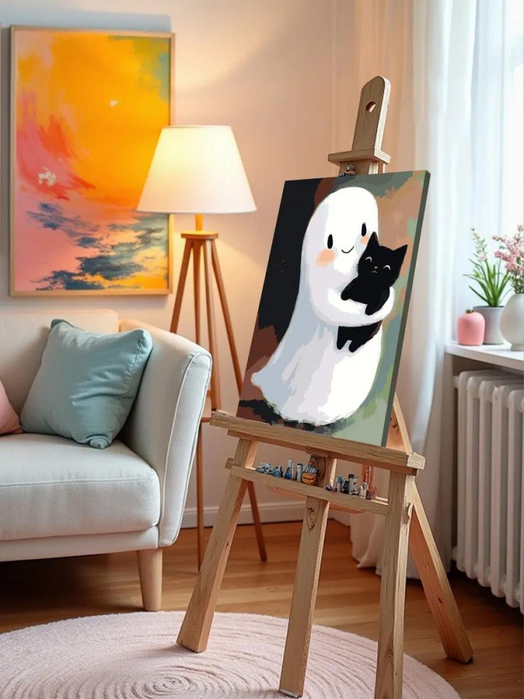 Картина по номерам «Ужасы: милое привидение с черным котенком» — картинка 10