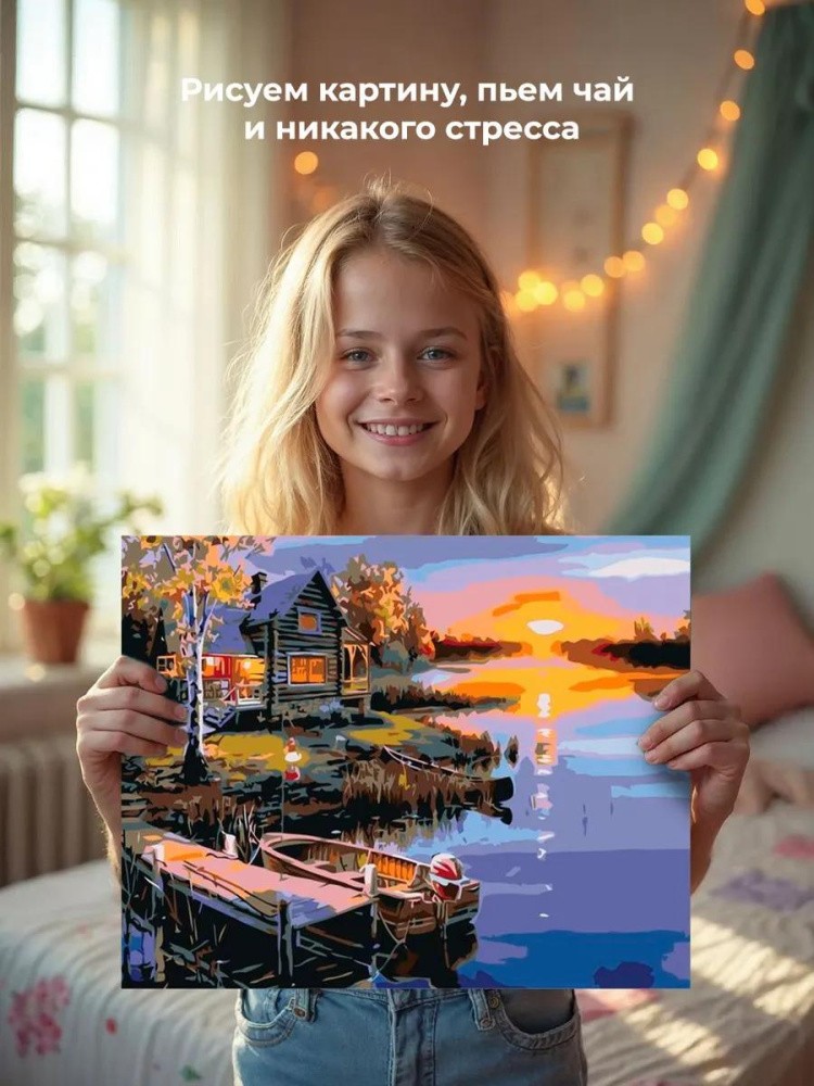 Картина по номерам «Дом у речки на закате» — картинка 7