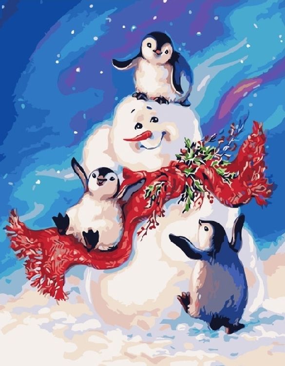 Картина по номерам «Снеговик и пингвины»