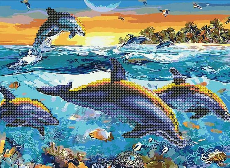 Алмазная вышивка «Дельфины и закат»