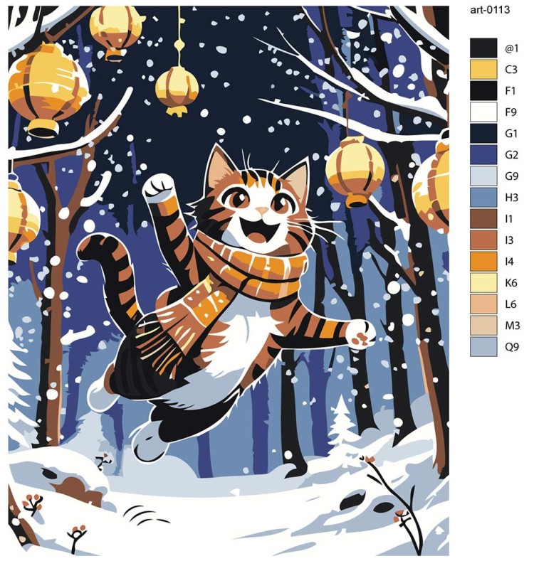 Картина по номерам «Зима: котик, снегопад и фонарики арт» — картинка 2