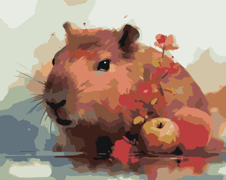 Картина по номерам «Капибара с яблоками и цветами»