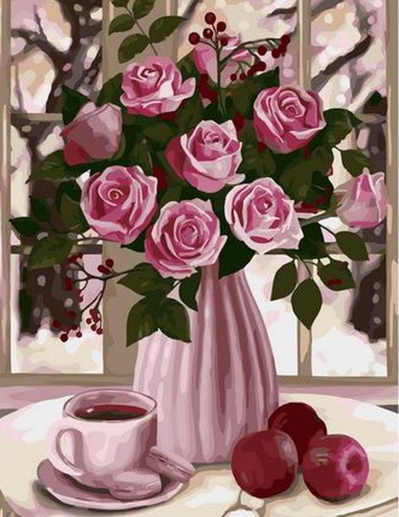 Картина по номерам «Розы, чай и яблоки»