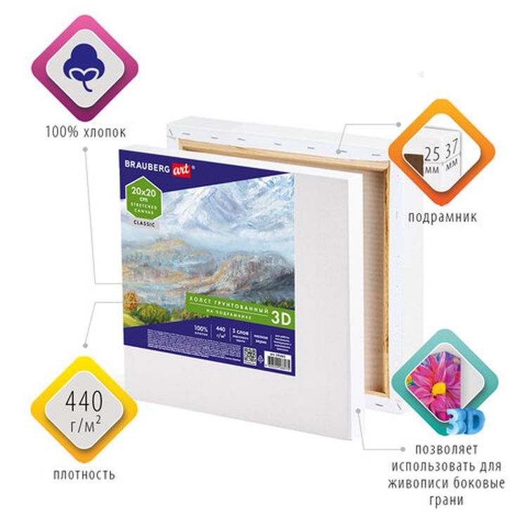 Холст 3D на подрамнике BRAUBERG ART CLASSIC 20х20 см, 440г/м, грунт, 100% хлопок мелкое зерно — картинка 2
