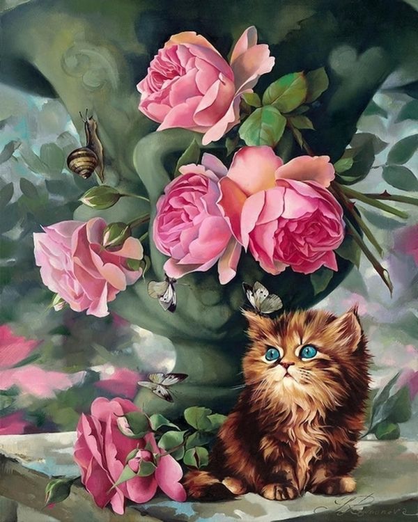 Алмазная вышивка «Котенок в розах»