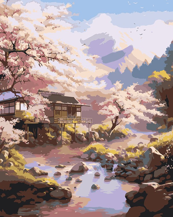 Картина по номерам «Природа: Пейзаж с японским домом и сакурой в горах»