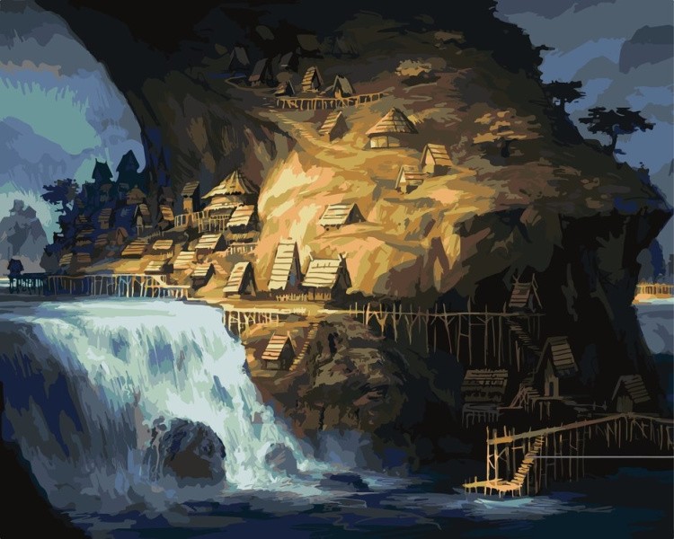 Картина по номерам «Деревня у водопада»