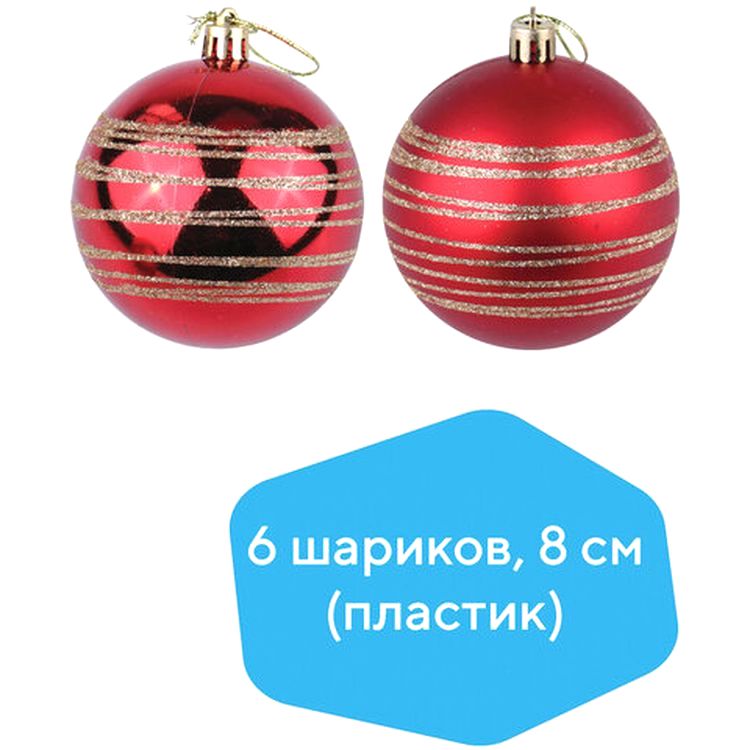 Шары елочные с узором, набор 6 шт., пластик, 8 см, красные (3 глянцевых, 3 матовых) — картинка 2