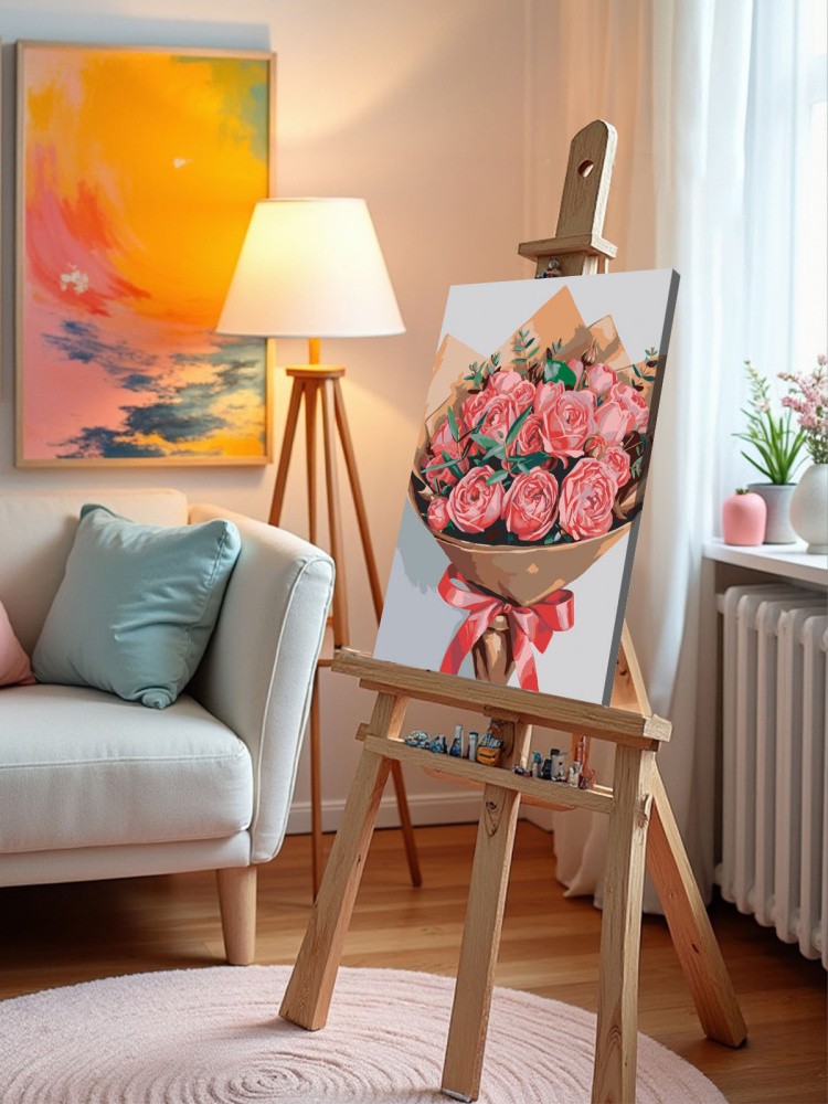 Картина по номерам Букет цветов красные розы и эвкалипт — картинка 11