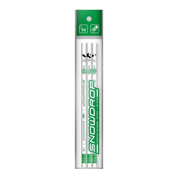 Набор графитных карандашей ВКФ «Snowdrop» с ластиком ТМ (HB) круглых, 3 шт.