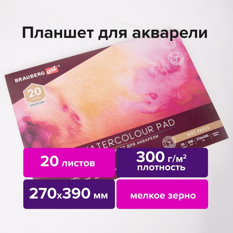 Папка для акварели/планшет, 300 г/м2, 270х390 мм, склейка, мелкое зерно, 20 л., BRAUBERG ART PREMIERE