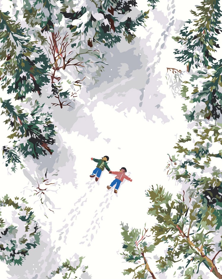 Картина по номерам Дети зимой на снегу среди елок