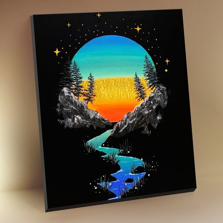 Картина по номерам с поталью «Черный холст Закат в горах»